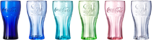 画像：「Coke glass」（左からディープブルー、ライトブルー、グリーンブルー、ライトグリーン、プラムピンク、クリア）